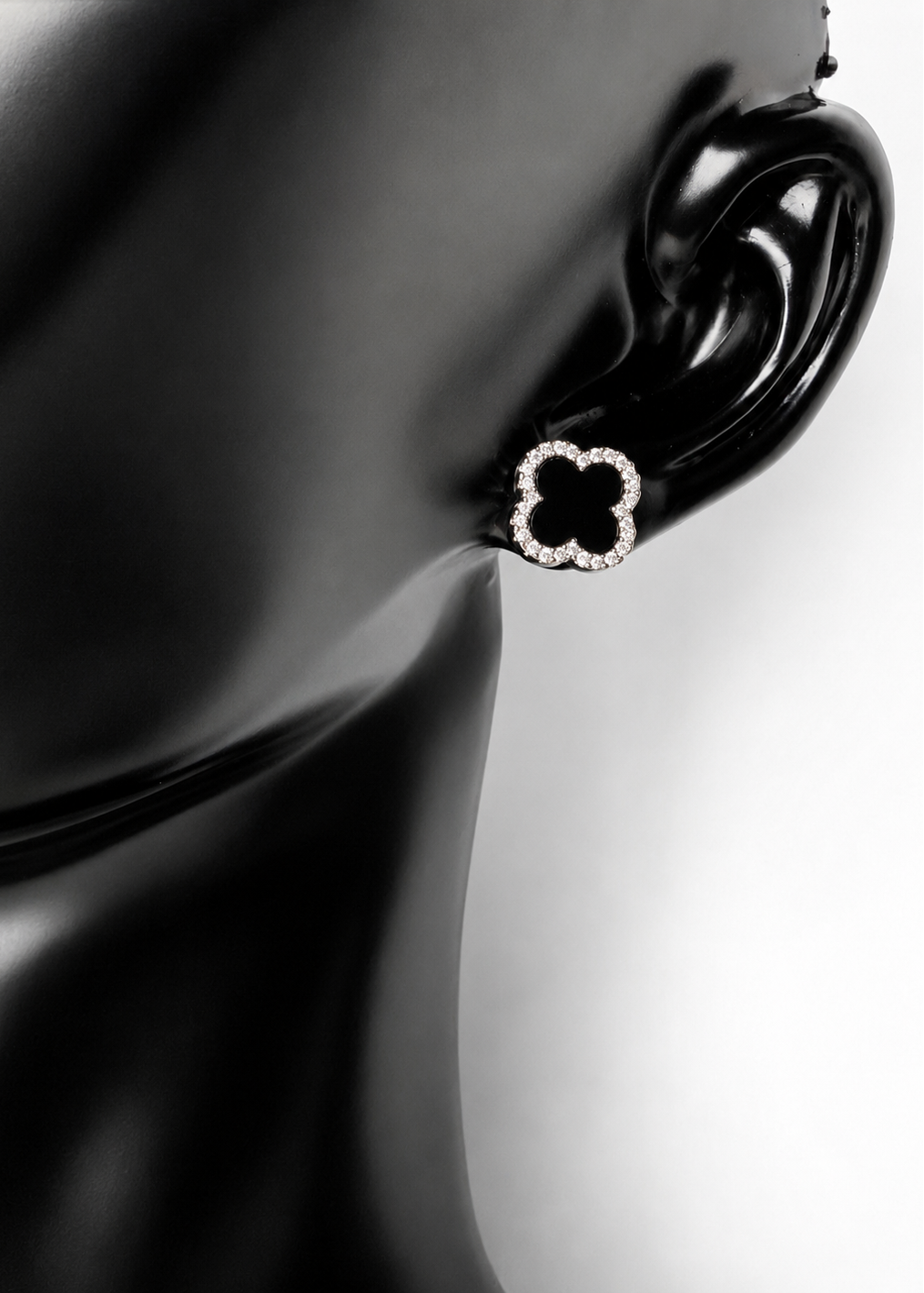 Black Silver Clover Stud Earrings