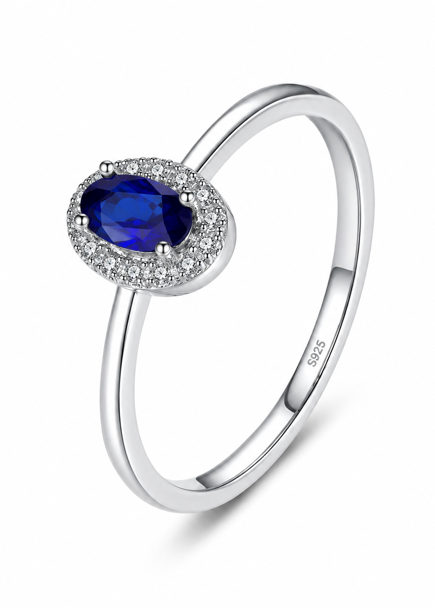Silver Sapphire Halo Ring