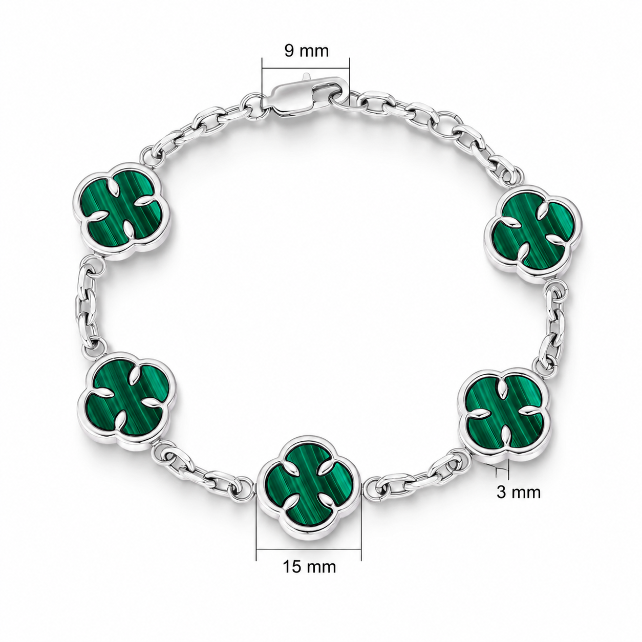Stainless Steel Silver Green Clover Bracelet