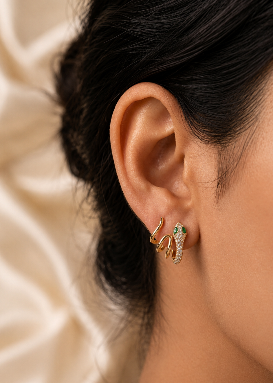14K Gold Plated Emerald Serpent Studs
