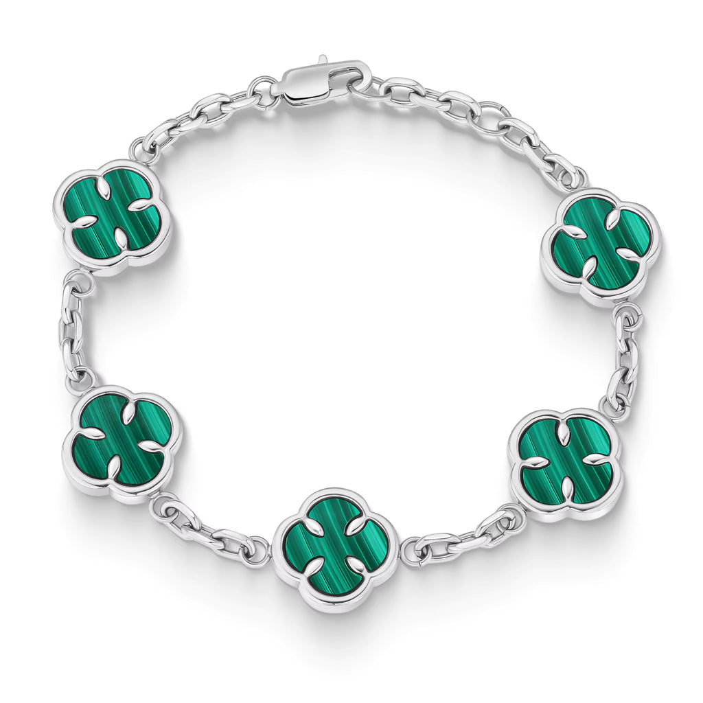 Stainless Steel Silver Green Clover Bracelet