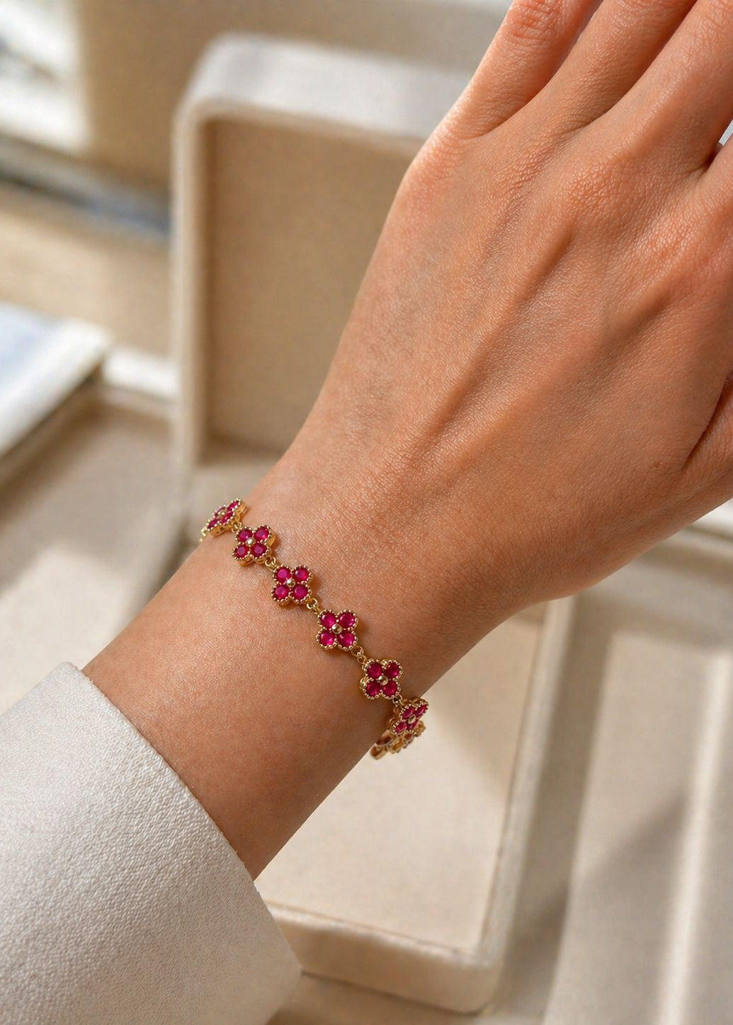 14k Gold Plated Midnight Pink Sapphire Blossom Bracelet