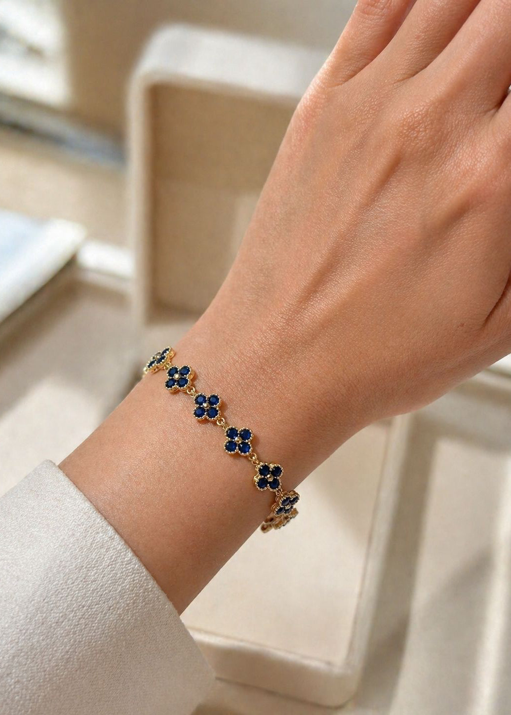 14K Gold Plated Midnight Blue Sapphire Blossom Bracelet